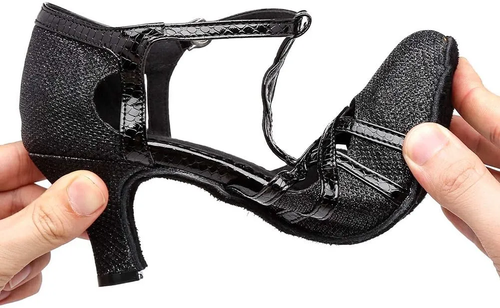 HROYL Women T-Strap Glitter Ballroom Dance Shoes Latin Salsa Tango Performence Dancing Pumps,YCL322