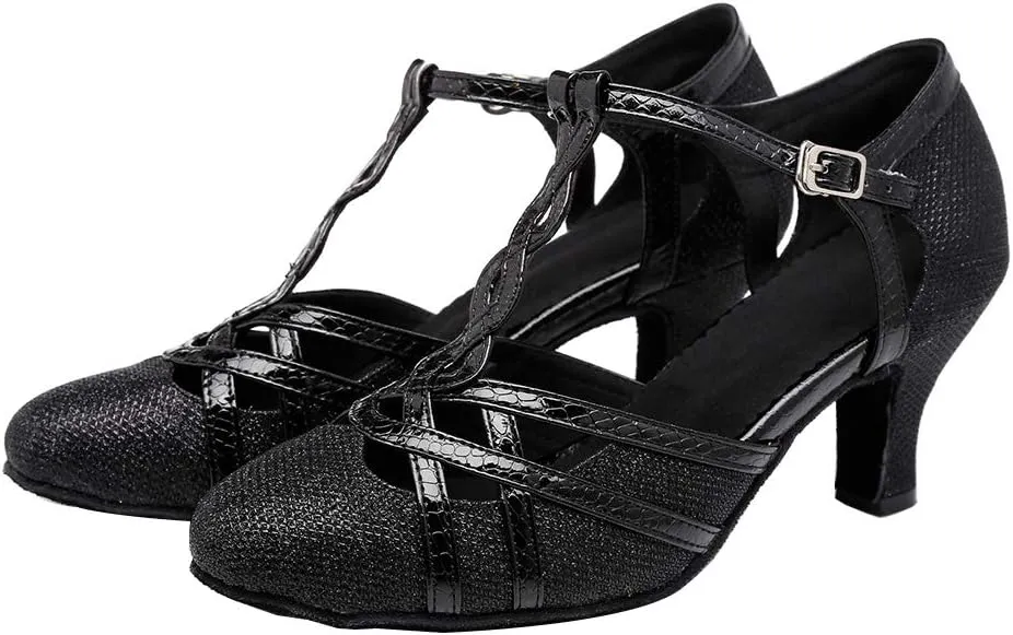 HROYL Women T-Strap Glitter Ballroom Dance Shoes Latin Salsa Tango Performence Dancing Pumps,YCL322