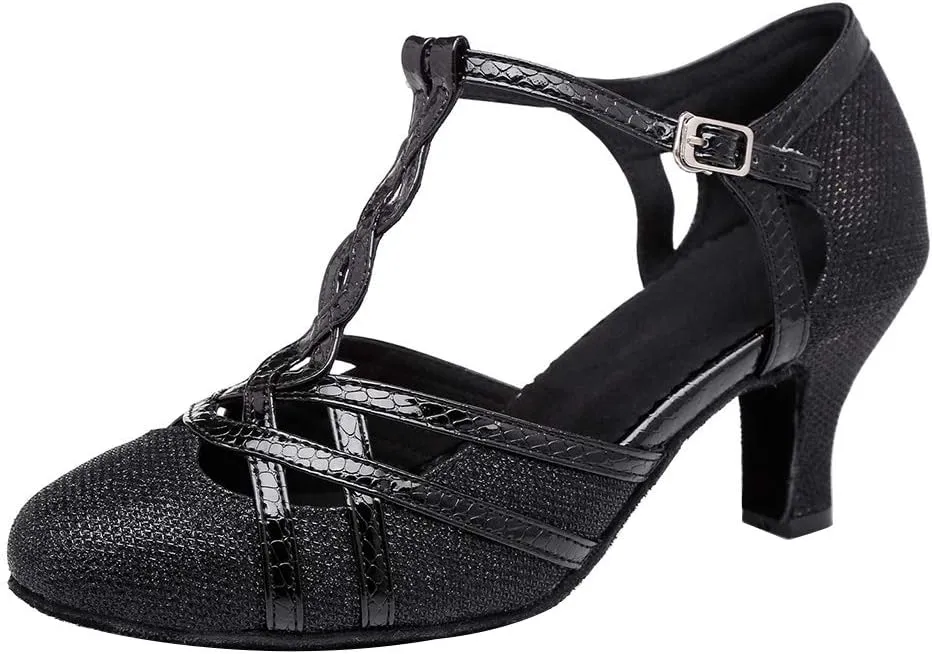 HROYL Women T-Strap Glitter Ballroom Dance Shoes Latin Salsa Tango Performence Dancing Pumps,YCL322