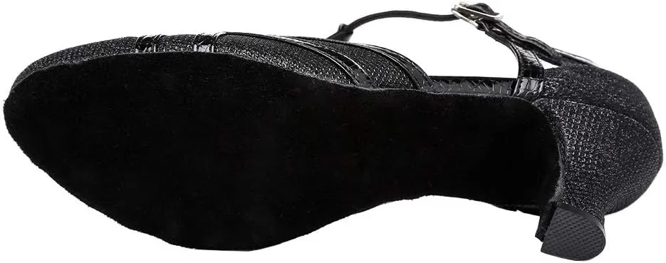 HROYL Women T-Strap Glitter Ballroom Dance Shoes Latin Salsa Tango Performence Dancing Pumps,YCL322