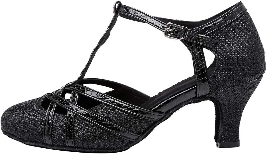 HROYL Women T-Strap Glitter Ballroom Dance Shoes Latin Salsa Tango Performence Dancing Pumps,YCL322