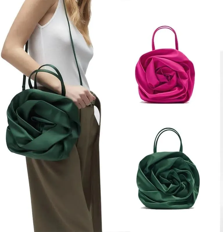 HUFFA Design Silk Pleated Flower Handbag Women Red Flower Round Evening Bag Wedding Party Clutches Luxury Female (Color : Red, Size : 23cmX23cmX12cm)