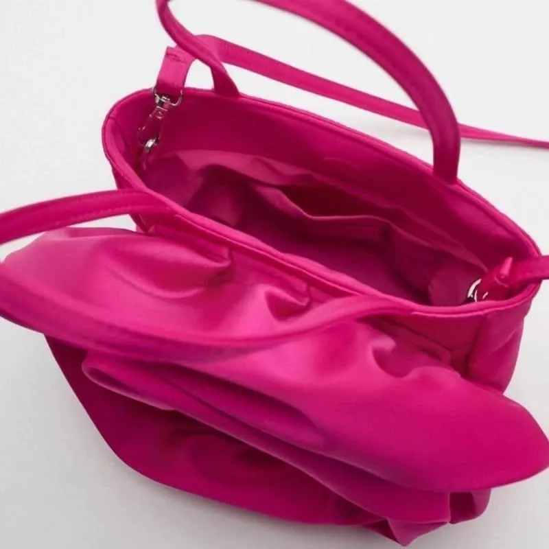 HUFFA Design Silk Pleated Flower Handbag Women Red Flower Round Evening Bag Wedding Party Clutches Luxury Female (Color : Red, Size : 23cmX23cmX12cm)