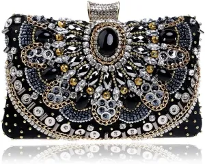 HUFFA Vintage Women Black Beaded Evening Clutch Bags Ladies Box Metal Clutches Wedding Cocktail Party Handbags Purses (Color : YM1132black)