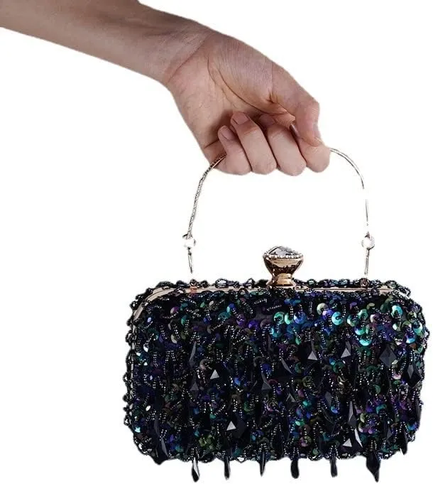 HUFFA Women's Evening Bags Fashion Luxury Sequin Beaded Banquet Handbags Clutches Ladies Chain Small Shoulder Bag Purses (Color : Colorful White)