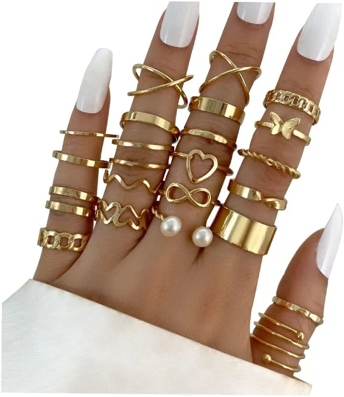 INENIMARTJ Boho Rings for Women Teen Girls,Gold Stacking Rings Set Vintage Knuckle Stackable Moon Star Snake Butterfly Heart Flower Leaf Top Finger Rings