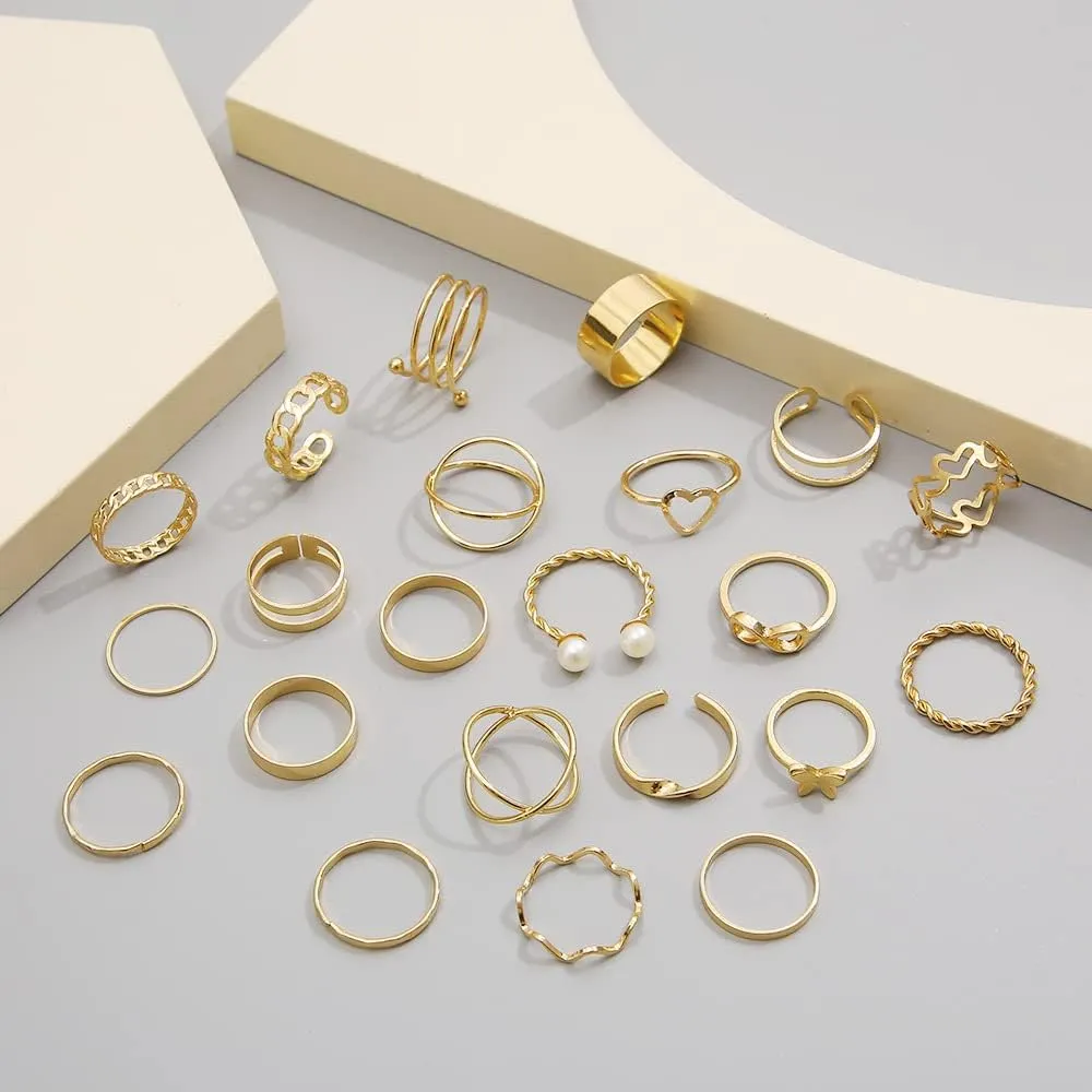 INENIMARTJ Boho Rings for Women Teen Girls,Gold Stacking Rings Set Vintage Knuckle Stackable Moon Star Snake Butterfly Heart Flower Leaf Top Finger Rings