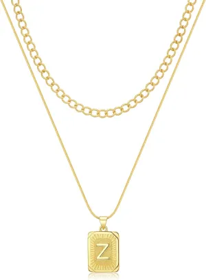 Initial Necklaces for Women 14K Gold Plated Letter Necklace Square Pendant Layered Gold Choker Necklaces Trendy Jewelry Z
