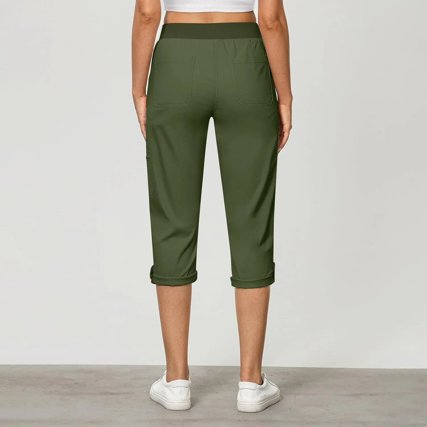 JOAU Capri Cargo Pants for Women High Waisted Pull On Running Athletic Stretch Twill Fold Hem Capris Trousers with Pockets