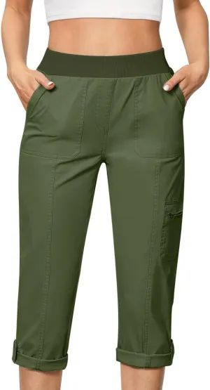 JOAU Capri Cargo Pants for Women High Waisted Pull On Running Athletic Stretch Twill Fold Hem Capris Trousers with Pockets