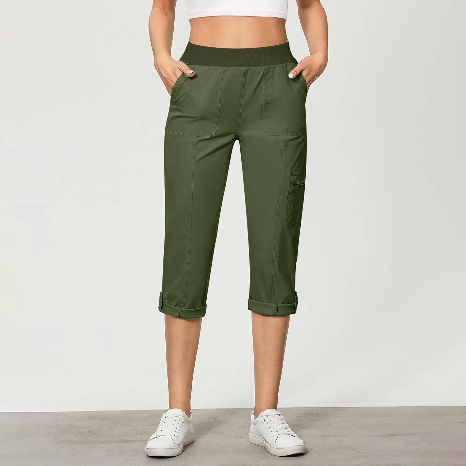 JOAU Capri Cargo Pants for Women High Waisted Pull On Running Athletic Stretch Twill Fold Hem Capris Trousers with Pockets