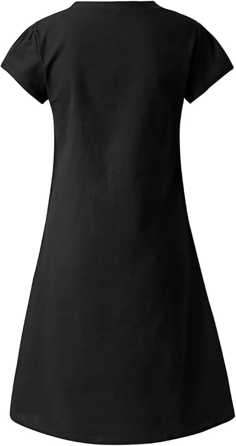 JOAU Women's 2024 Summer Cotton Linen Midi Dress V Neck Beach Vacation Short Sleeve Casual Knee Length Shirt Dresses