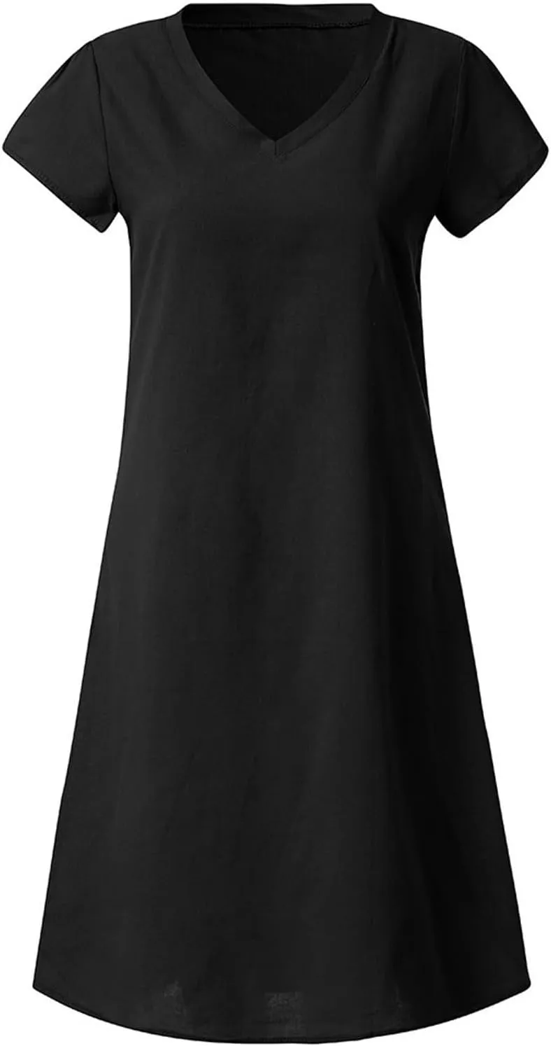 JOAU Women's 2024 Summer Cotton Linen Midi Dress V Neck Beach Vacation Short Sleeve Casual Knee Length Shirt Dresses