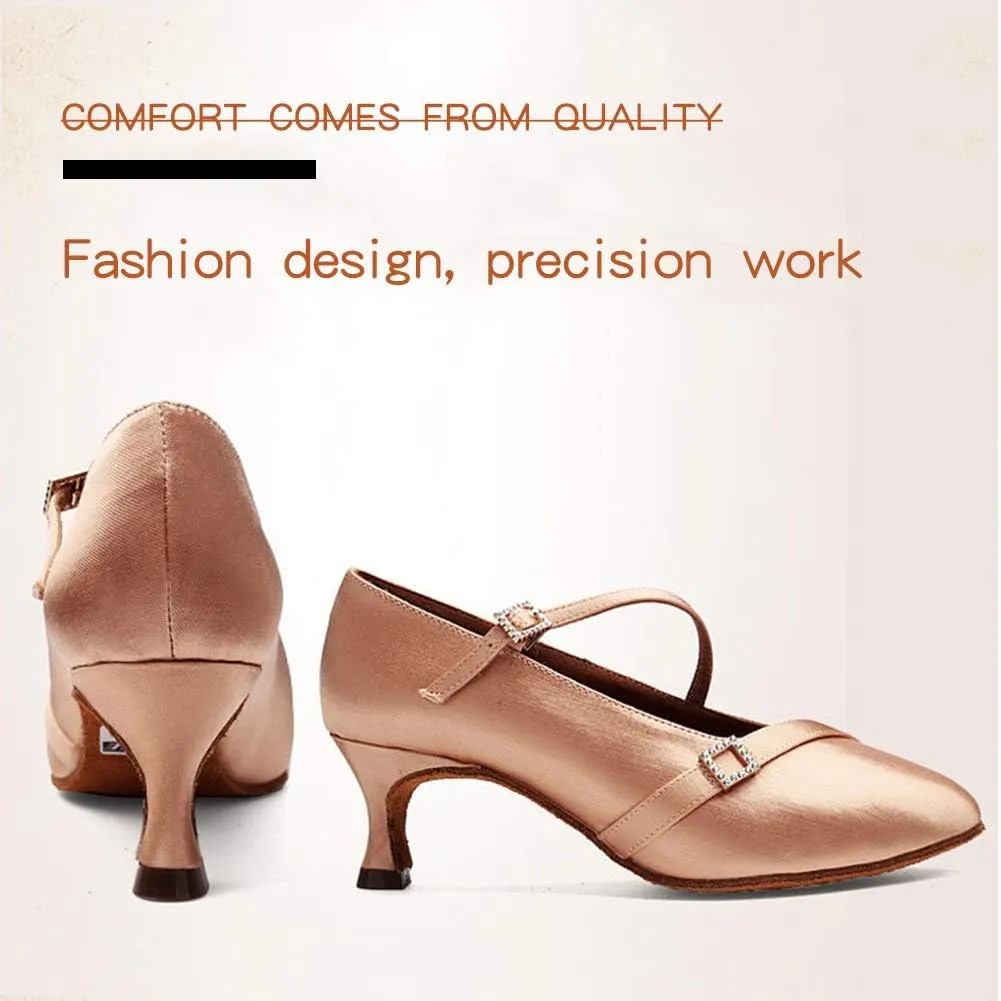 JUODVMP Women's Ballroom Shoes Satin Pumps Ankle Strap Modern Dance Heels Model WX138