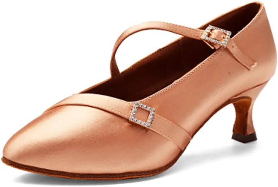 JUODVMP Women's Ballroom Shoes Satin Pumps Ankle Strap Modern Dance Heels Model WX138