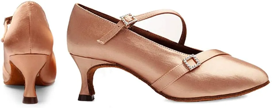 JUODVMP Women's Ballroom Shoes Satin Pumps Ankle Strap Modern Dance Heels Model WX138