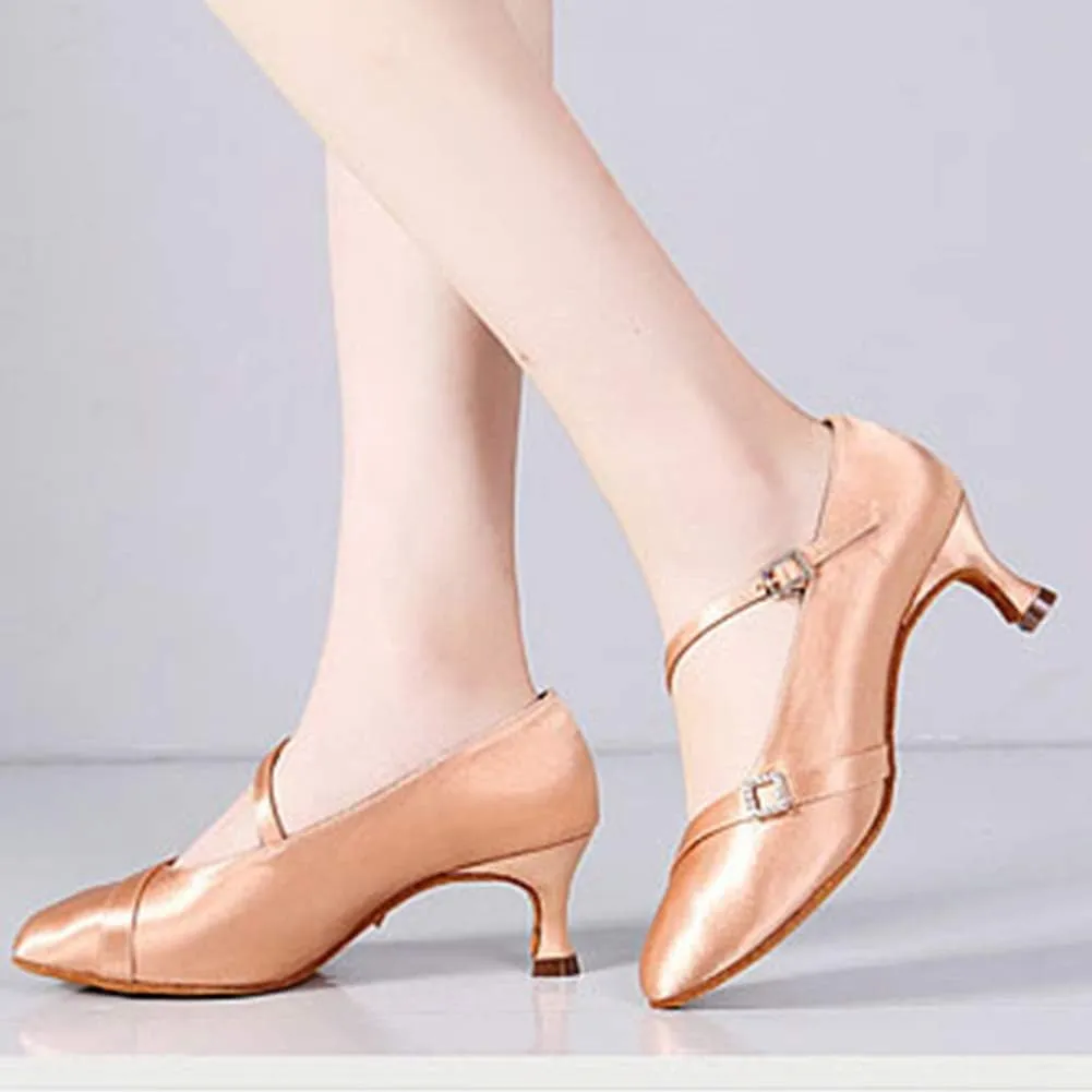JUODVMP Women's Ballroom Shoes Satin Pumps Ankle Strap Modern Dance Heels Model WX138