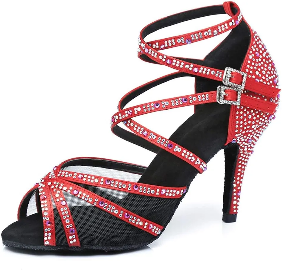 JUODVMP Women's Satin with Rhinestones Multi-Straps Braided Cross-Strap Latin Salsa Dance Performance Shoes Model L373
