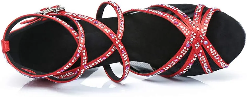 JUODVMP Women's Satin with Rhinestones Multi-Straps Braided Cross-Strap Latin Salsa Dance Performance Shoes Model L373
