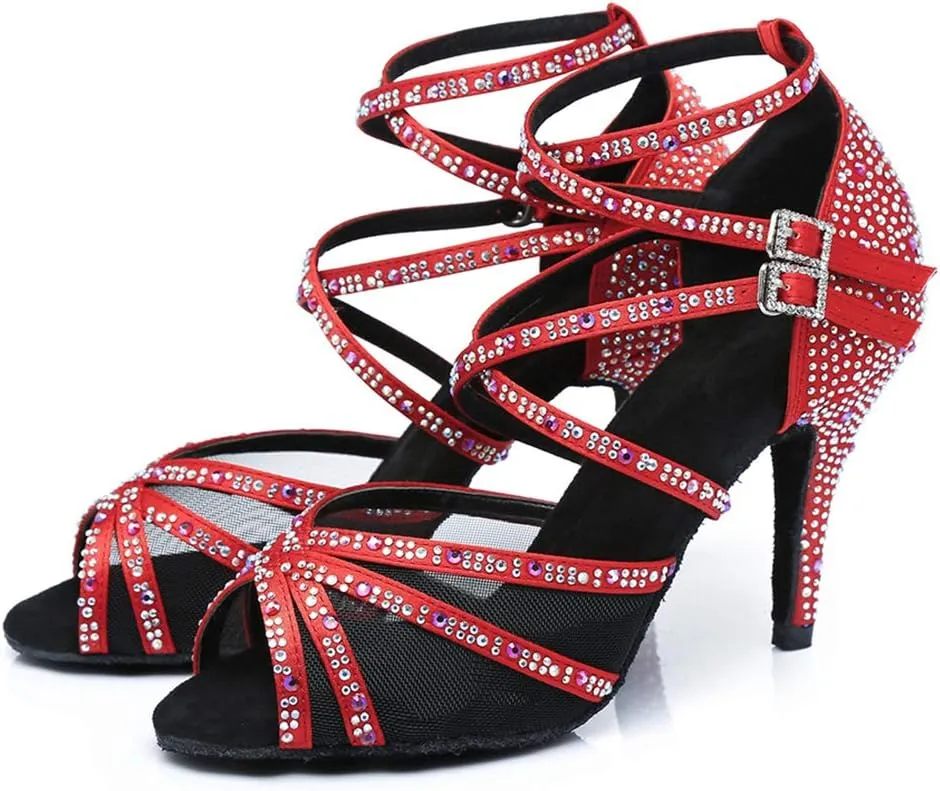 JUODVMP Women's Satin with Rhinestones Multi-Straps Braided Cross-Strap Latin Salsa Dance Performance Shoes Model L373