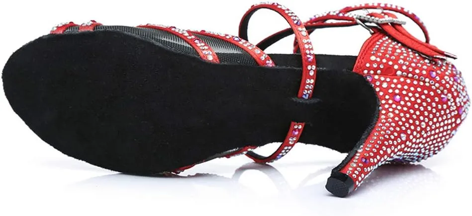 JUODVMP Women's Satin with Rhinestones Multi-Straps Braided Cross-Strap Latin Salsa Dance Performance Shoes Model L373