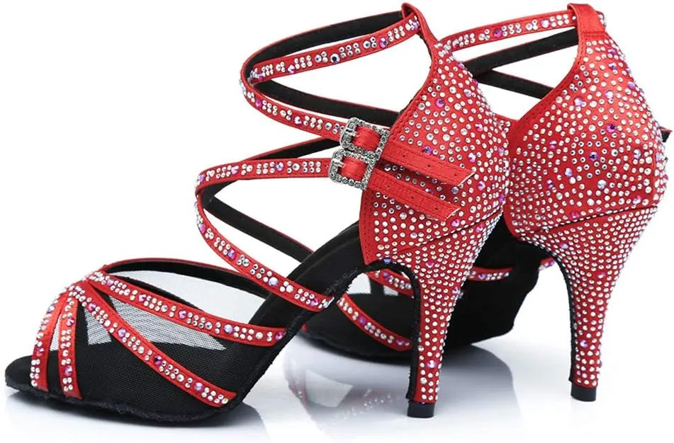 JUODVMP Women's Satin with Rhinestones Multi-Straps Braided Cross-Strap Latin Salsa Dance Performance Shoes Model L373
