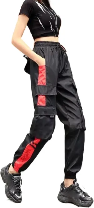 JYHBHMZG Women's High Waist Cargo Pants Sports Loose Pants Harajuku Patchwork Pants Elastics Trousers Streetwear