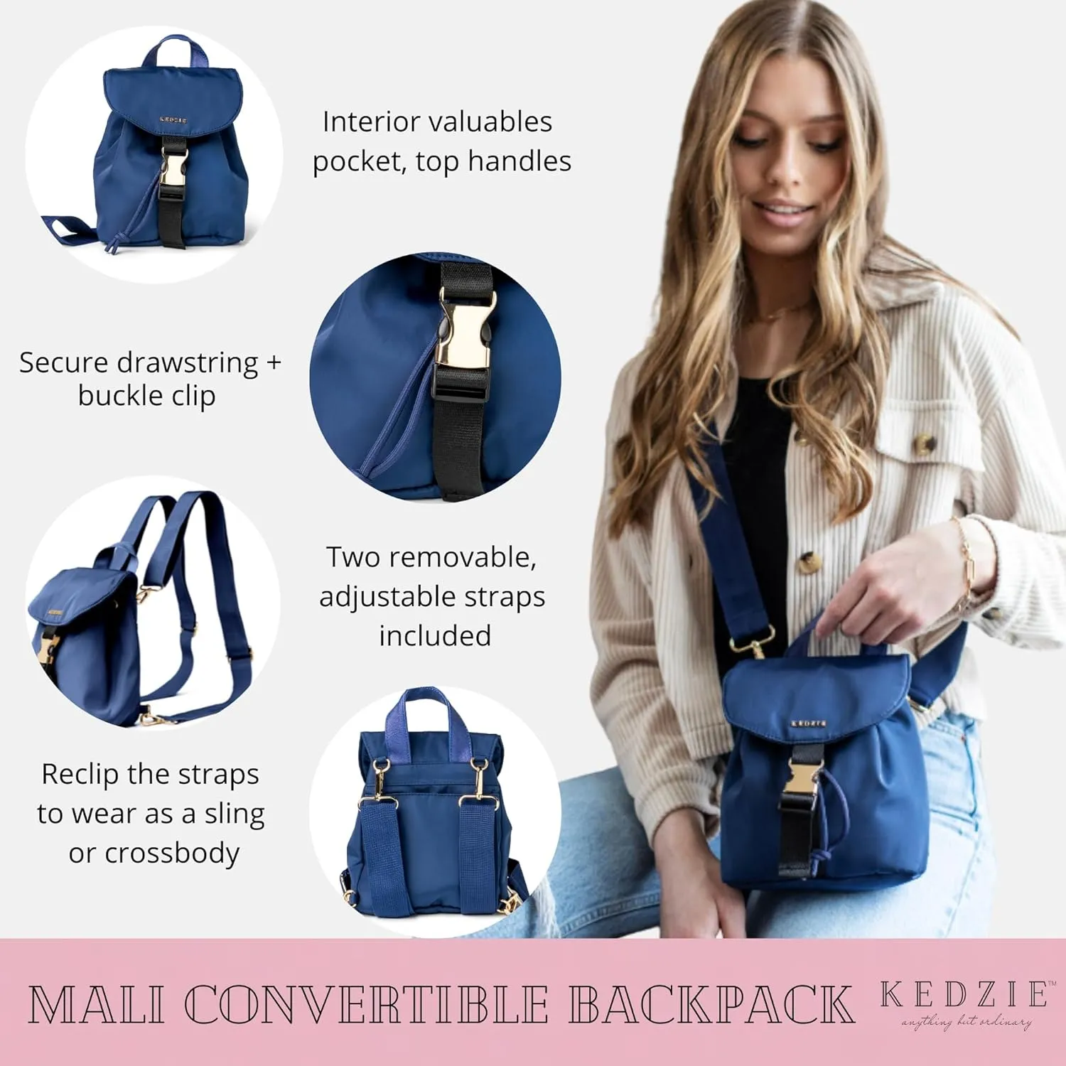 KEDZIE Mali Convertible Backpack Sling Crossbody Bag with Buckle Clip for Women