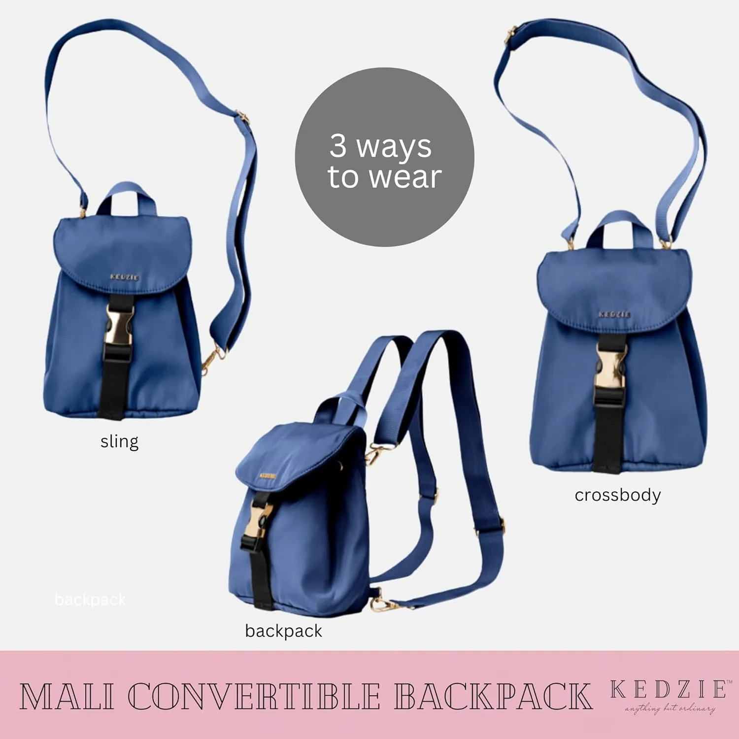 KEDZIE Mali Convertible Backpack Sling Crossbody Bag with Buckle Clip for Women
