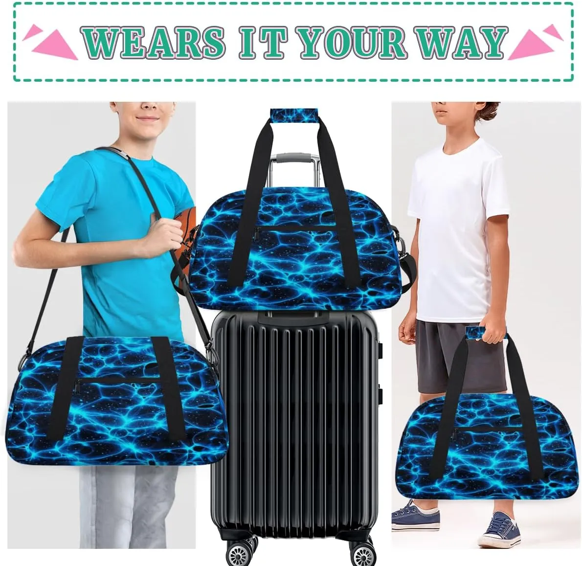 Kids Overnight Duffel Bags Galaxy Blue Black Travel Sports Gym Bags for Boy Waterproof Weekender Sleepover Bags Portable Carry on Tote Bag Work Out Bags, standard