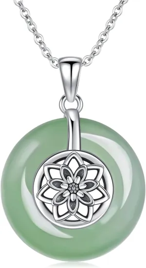 KiiKii Lotus Necklaces for Women 925 Sterling Silver Lotus Pendant Lotus Flower Necklaces Round Jade Jewelry Gifts