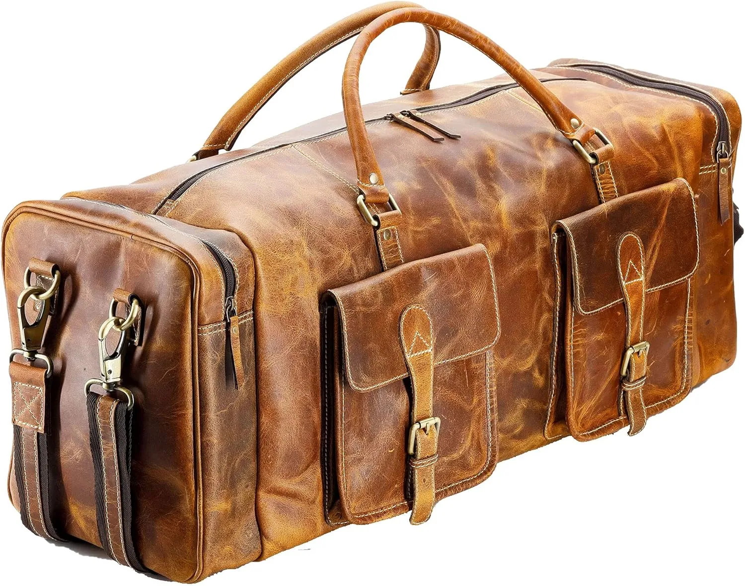 KomalC 28 inch Duffel Bag Travel Sports Overnight Weekend Leather Duffle Bag for Gym Sports Cabin Holdall bag (Distressed Tan)