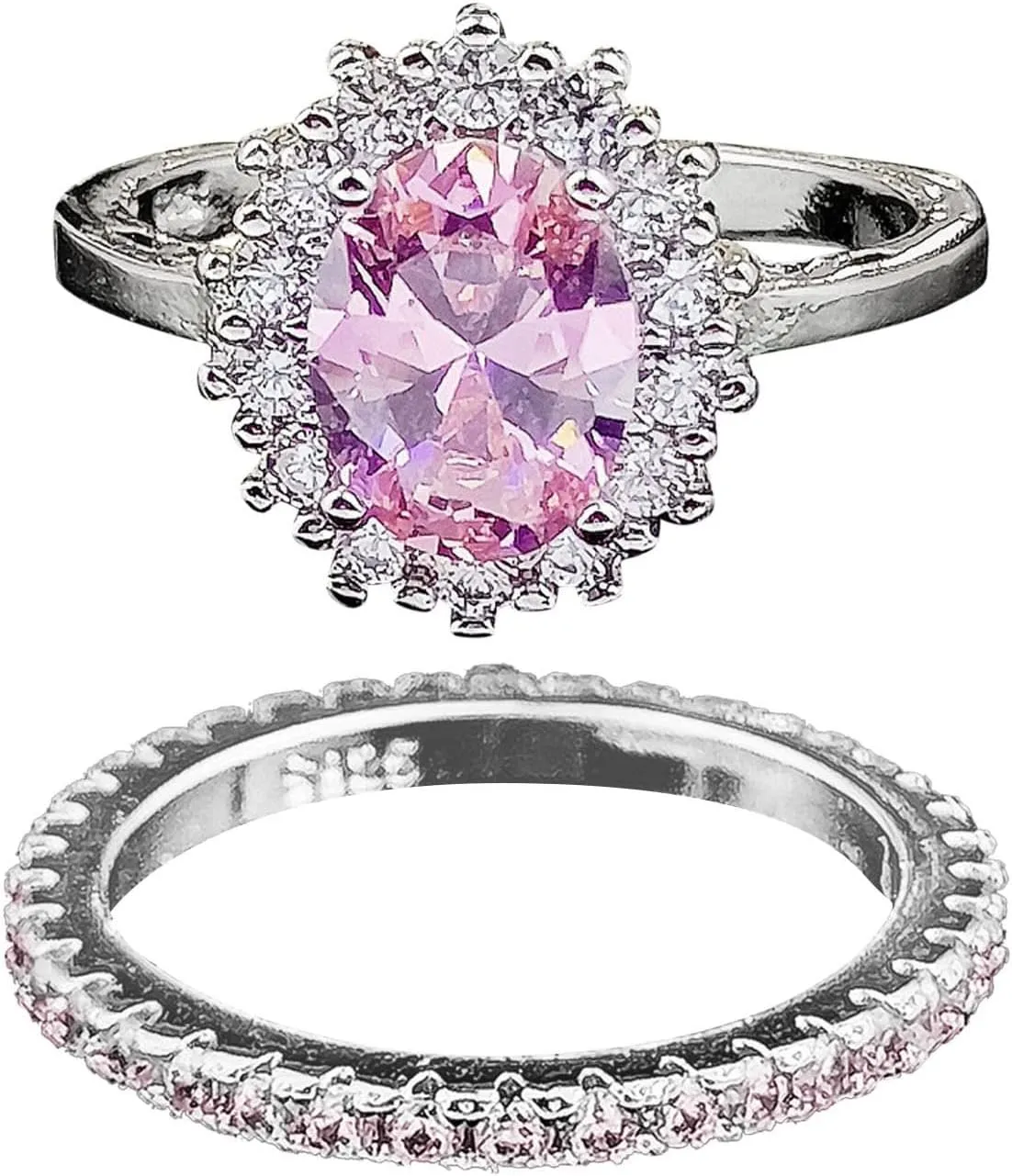 Lady 2Pcs Gemstone Rings Set for Womens Inlaid Zircon Engagement Rings Cubic Zirconia Bridal Wedding Bands (Silver, 6)