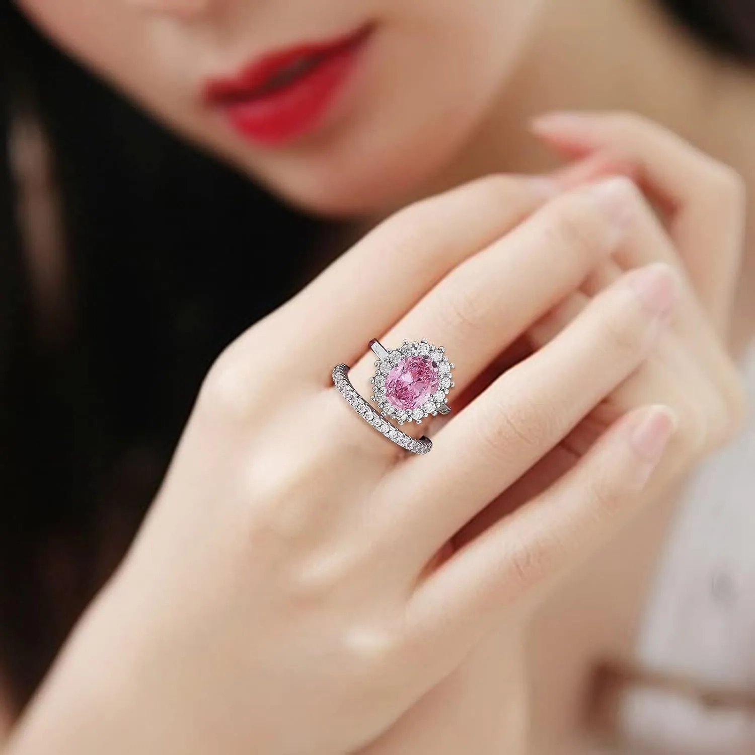Lady 2Pcs Gemstone Rings Set for Womens Inlaid Zircon Engagement Rings Cubic Zirconia Bridal Wedding Bands (Silver, 6)