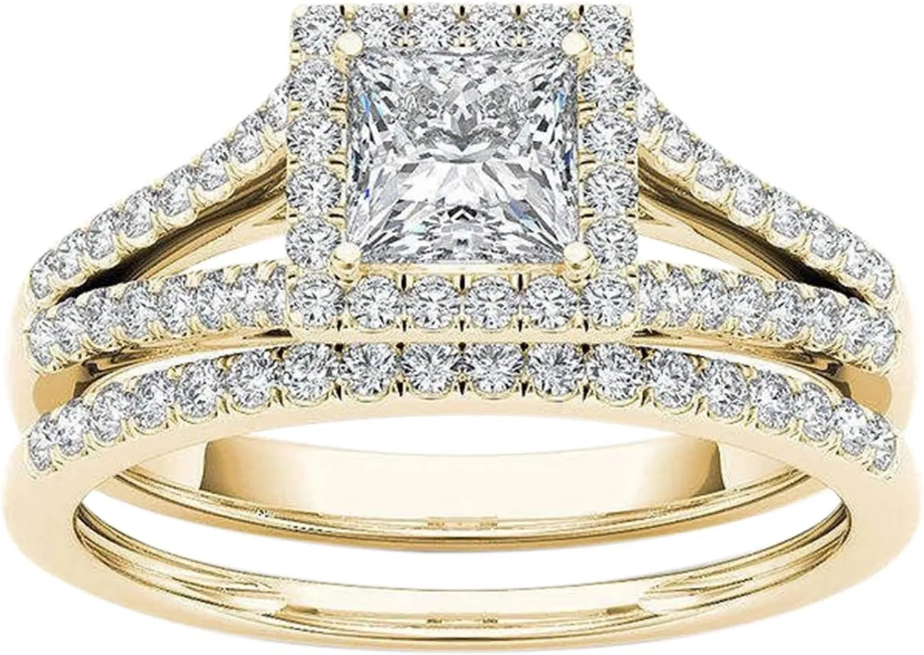 Lady Women's Square Simulated Diamond Rings Inlaid Zircon Engagement Ring Party Jewelry Wedding Band for Bride (Gold, 7)