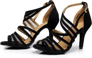 Latin Dance Shoes for Women's High Heel, Indoor Dinner Dance Shoes, Suede Sole (Color : Black 7.5cm, Size : 9)