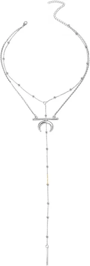 Layered Chain Necklace, Layered Necklaces for Women Long Bead Moon Pendant Chain Necklaces Women Jewelry, 2 Layers, Silver