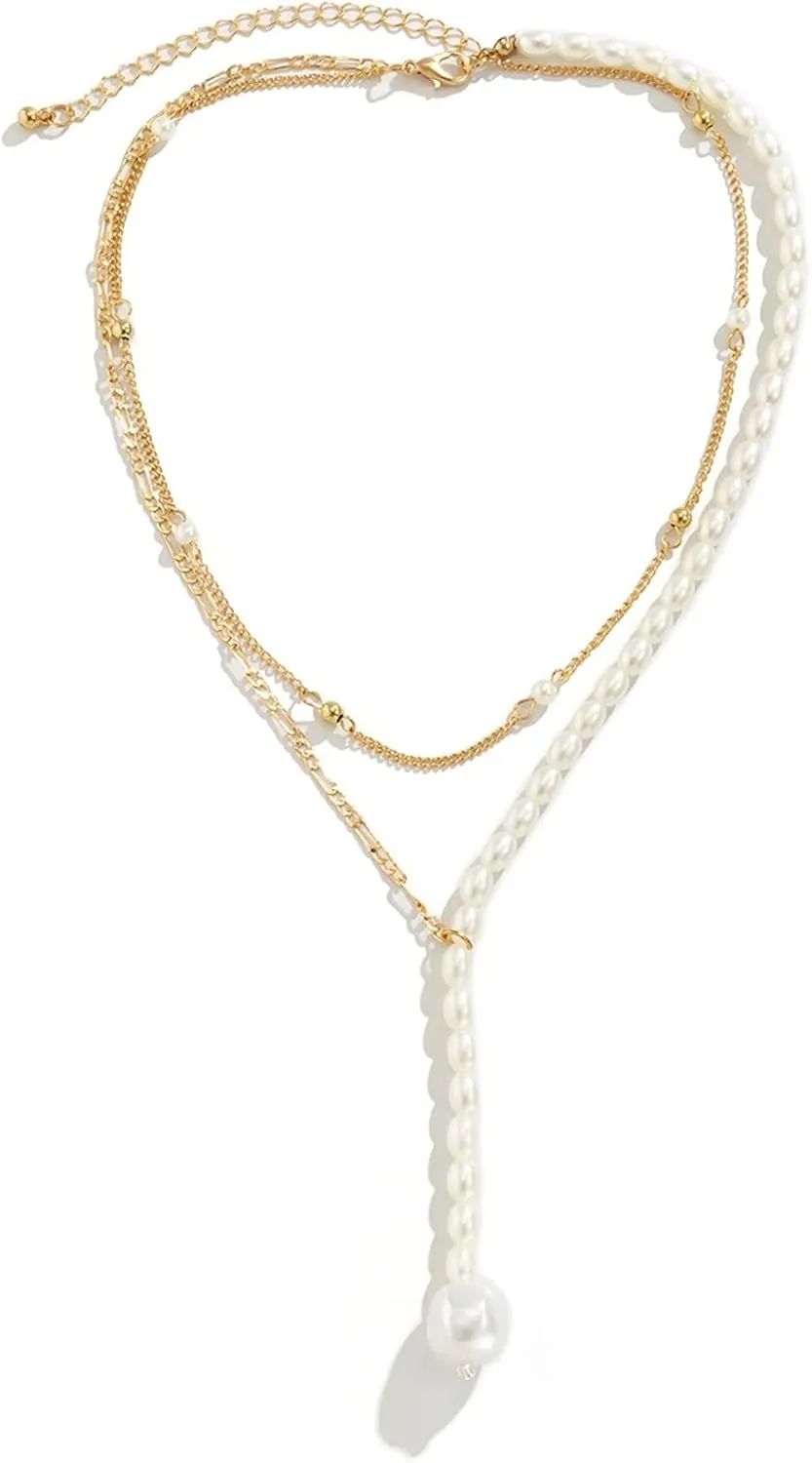 Layered Choker Necklace, Dainty Layered Necklaces for Women Pearl Y Pendant Necklaces for Women Girls, 2 Layers, Gold