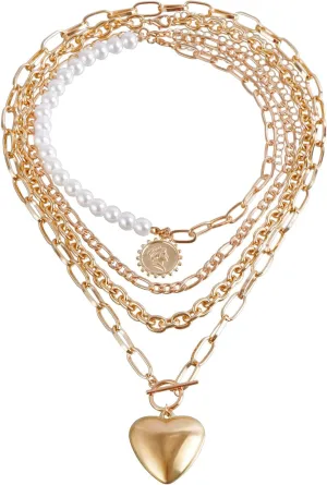 Layered Gold Heart Necklace Sets for Women, Chunky Heart Pearl Paper Clip Chain Choker Necklace, Stackable Statement Pendant Necklaces