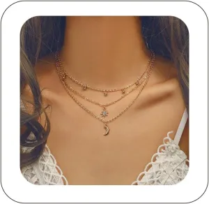 Layered Gold Necklaces for Women Trendy Moon Necklace Gold Chain Choker Necklaces Jewelry Set Gifts for Women