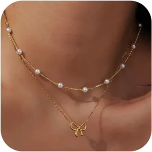 Layered Gold Pearl Necklace for Women - Double Choker Bow Pendant Necklace Set, Faux Pearl & Stainless Steel Layered Necklaces for Women, Elegant Gold Pearl Jewelry Gift