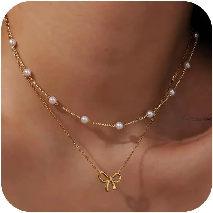 Layered Gold Pearl Necklace for Women - Double Choker Bow Pendant Necklace Set, Faux Pearl & Stainless Steel Layered Necklaces for Women, Elegant Gold Pearl Jewelry Gift