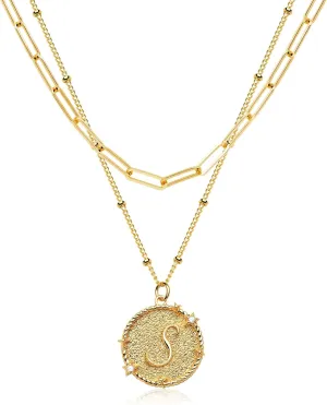 Layered Initail Necklaces for Women 14K Gold Plated Cubic Zirconia Layering Beaded Paperclip Chain Choker Necklace Dainty Pendant Letter A-Z Jewelry Letter