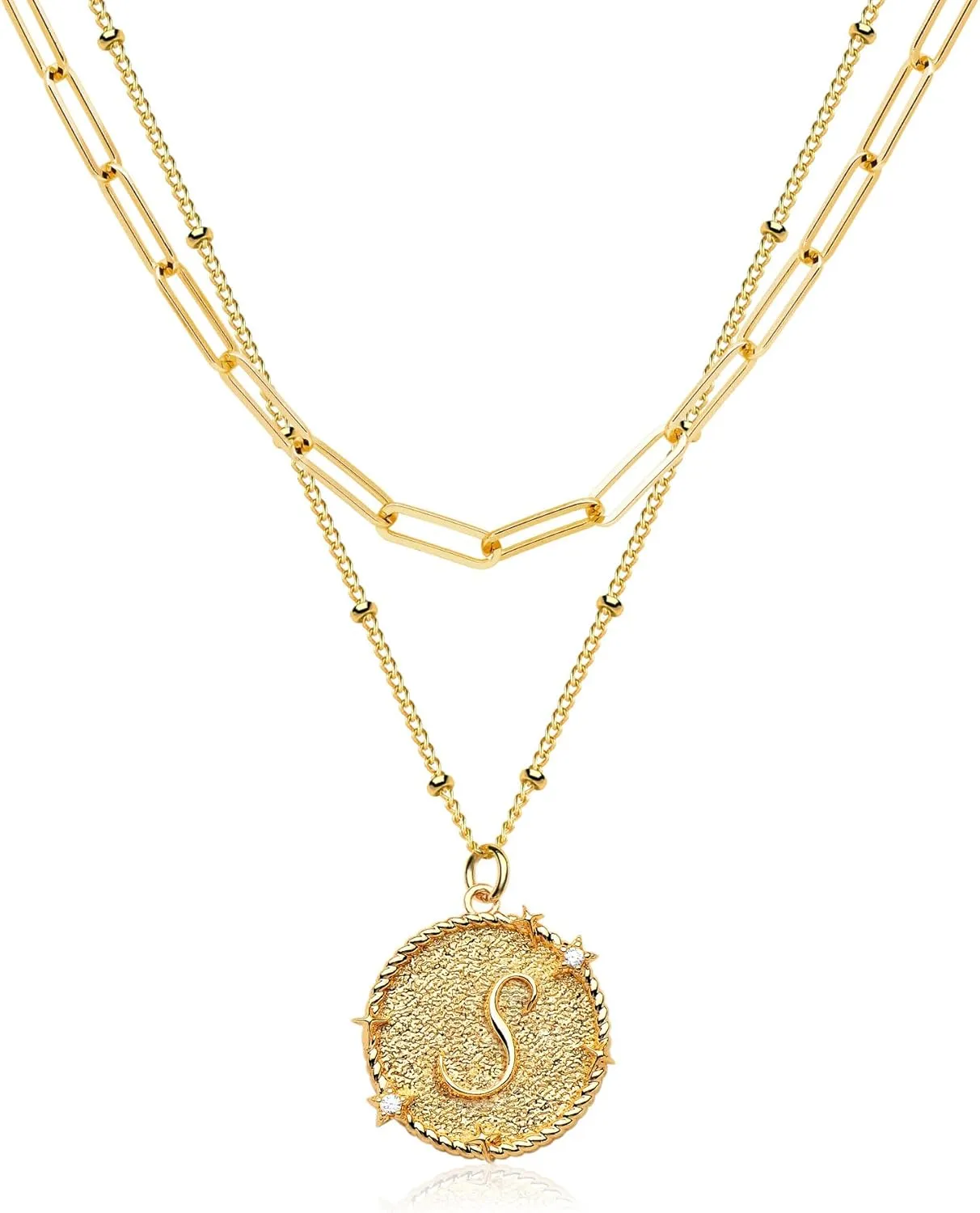Layered Initail Necklaces for Women 14K Gold Plated Cubic Zirconia Layering Beaded Paperclip Chain Choker Necklace Dainty Pendant Letter A-Z Jewelry Letter