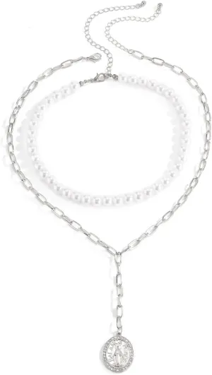 Layered Necklaces, Layered Necklaces for Women Choker Virgin Mary Pearl Y Necklace White Gold Silver Plated 40 Cm
