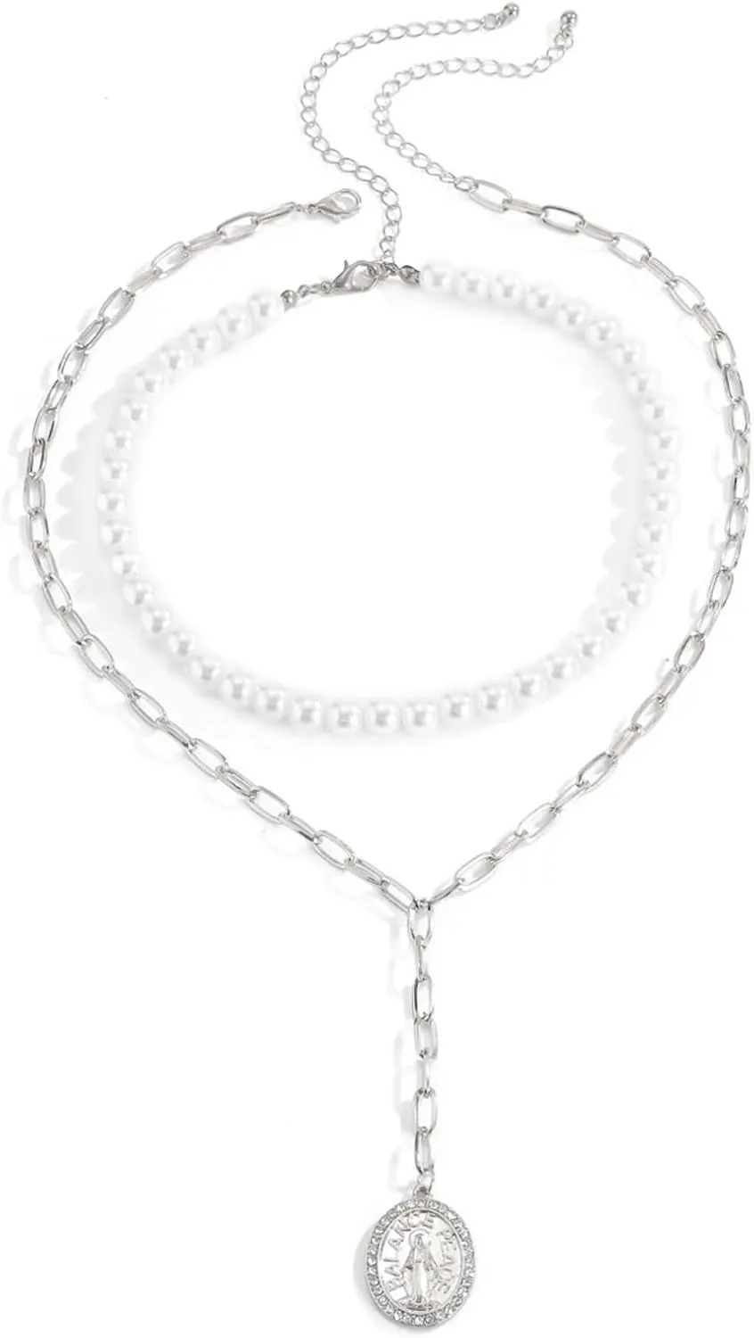 Layered Necklaces, Layered Necklaces for Women Choker Virgin Mary Pearl Y Necklace White Gold Silver Plated 40 Cm