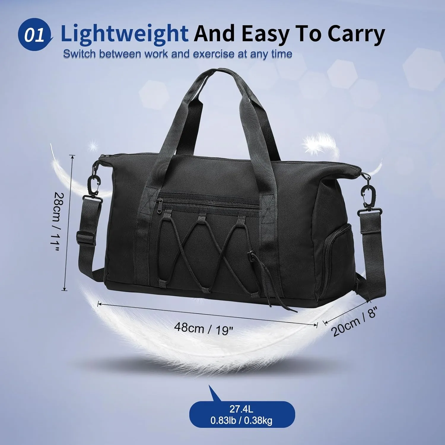 Lightweight Gym Bag for Men & Women, Water Resistant Sports Duffel Bag with Shoe Compartment & Wet Pocket for Travel Weekender & Fitness, Black