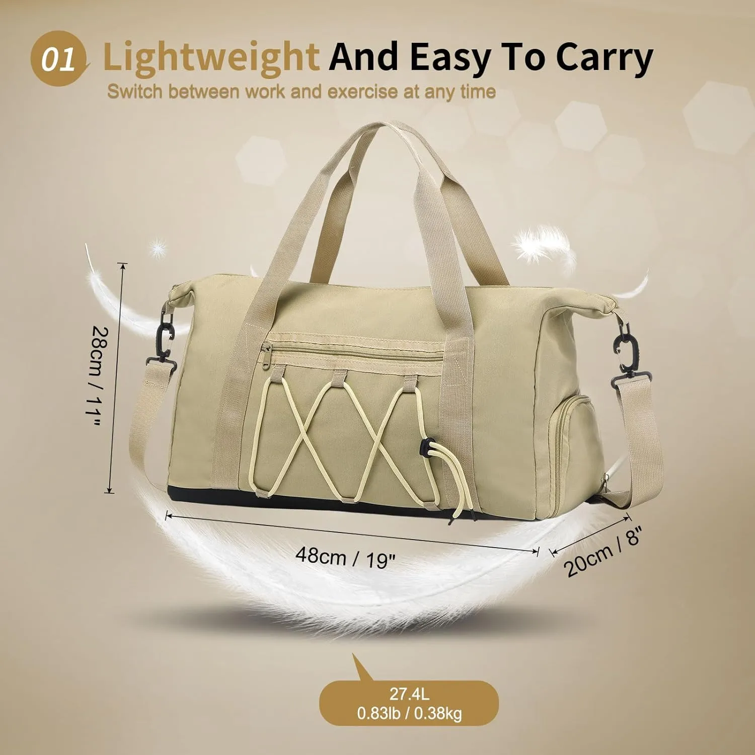 Lightweight Gym Bag for Men & Women, Water Resistant Sports Duffel Bag with Shoe Compartment & Wet Pocket for Travel Weekender & Fitness, Khaki