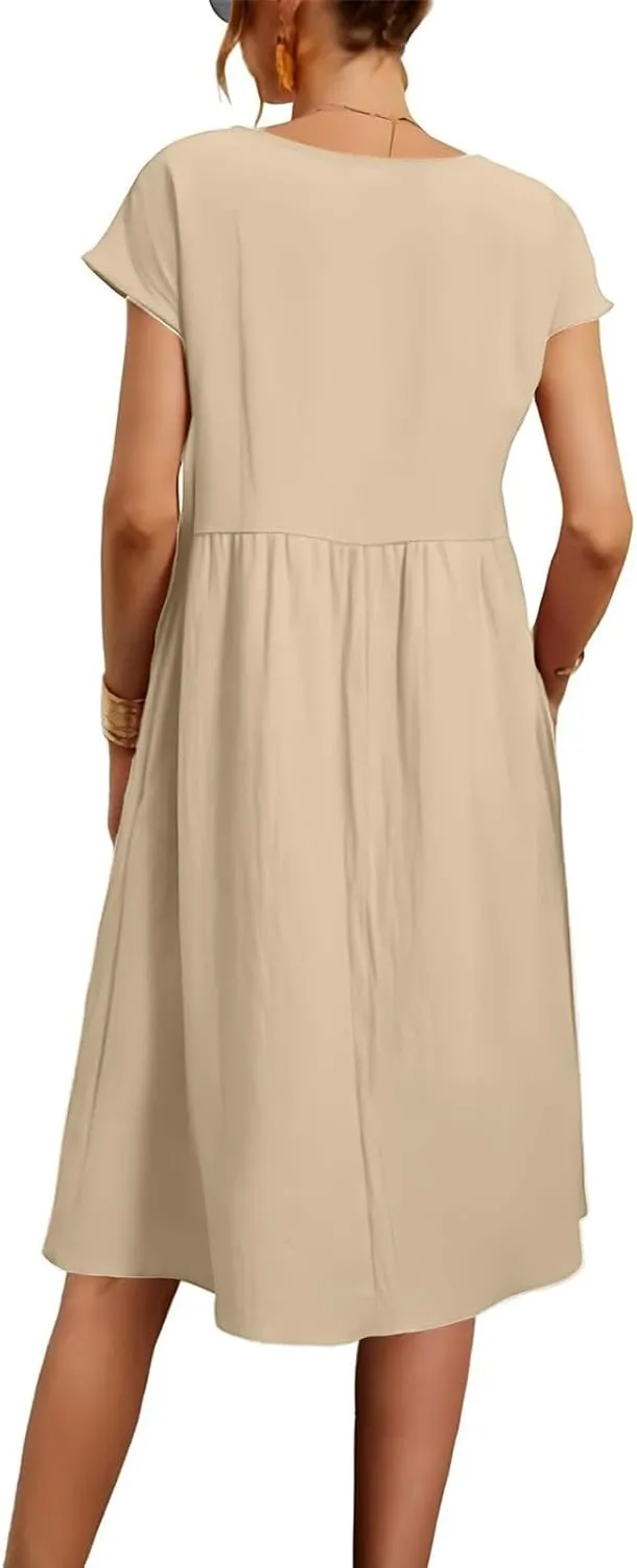 Linen Dresses for Women 2024 Womens Linen Dress Linen Midi Dresses Plus Size Short Sleeves Dress Sundress with Pockets