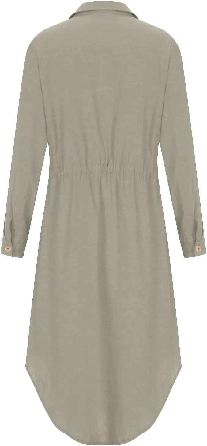 Linen Dresses for Women 2025 Casual Spring Loose Fit Lapel Shirt Dress Fashion Solid Color Button Pleated Dress